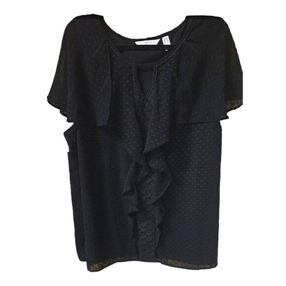 ISAACMIZRAHI LIVE! Plus,โSize Black Flutter Clip Dot Ruffle Short Sleeve Top - Picture 2 of 13